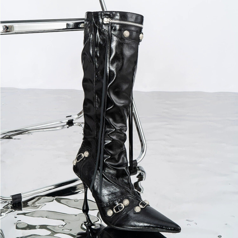 Damen Stiletto Stiefel Nieten Schnallen Spitz Zulaufend 3