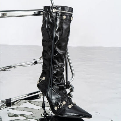 Damen Stiletto Stiefel Nieten Schnallen Spitz Zulaufend 3