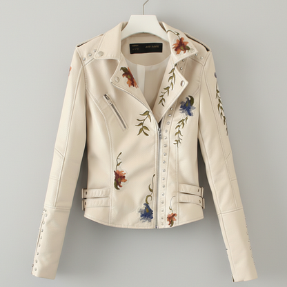 Damen Bikerjacke Moto Style Blumenstickerei Nietendetails 7