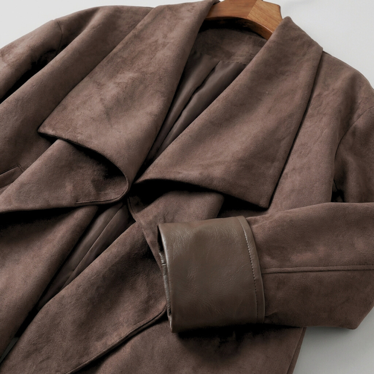 Damen Suede Jacket drapierter Reverskragen locker mit Ärmelaufschlägen 4