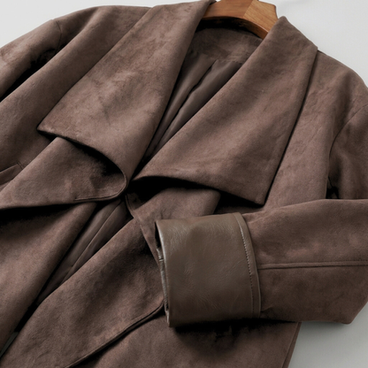 Damen Suede Jacket drapierter Reverskragen locker mit Ärmelaufschlägen 4