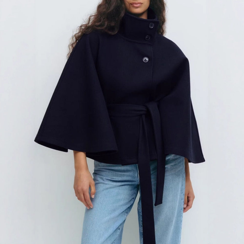 Damen Cape-Mantel Stehkragen Taillengürtel Winter Mantel 3