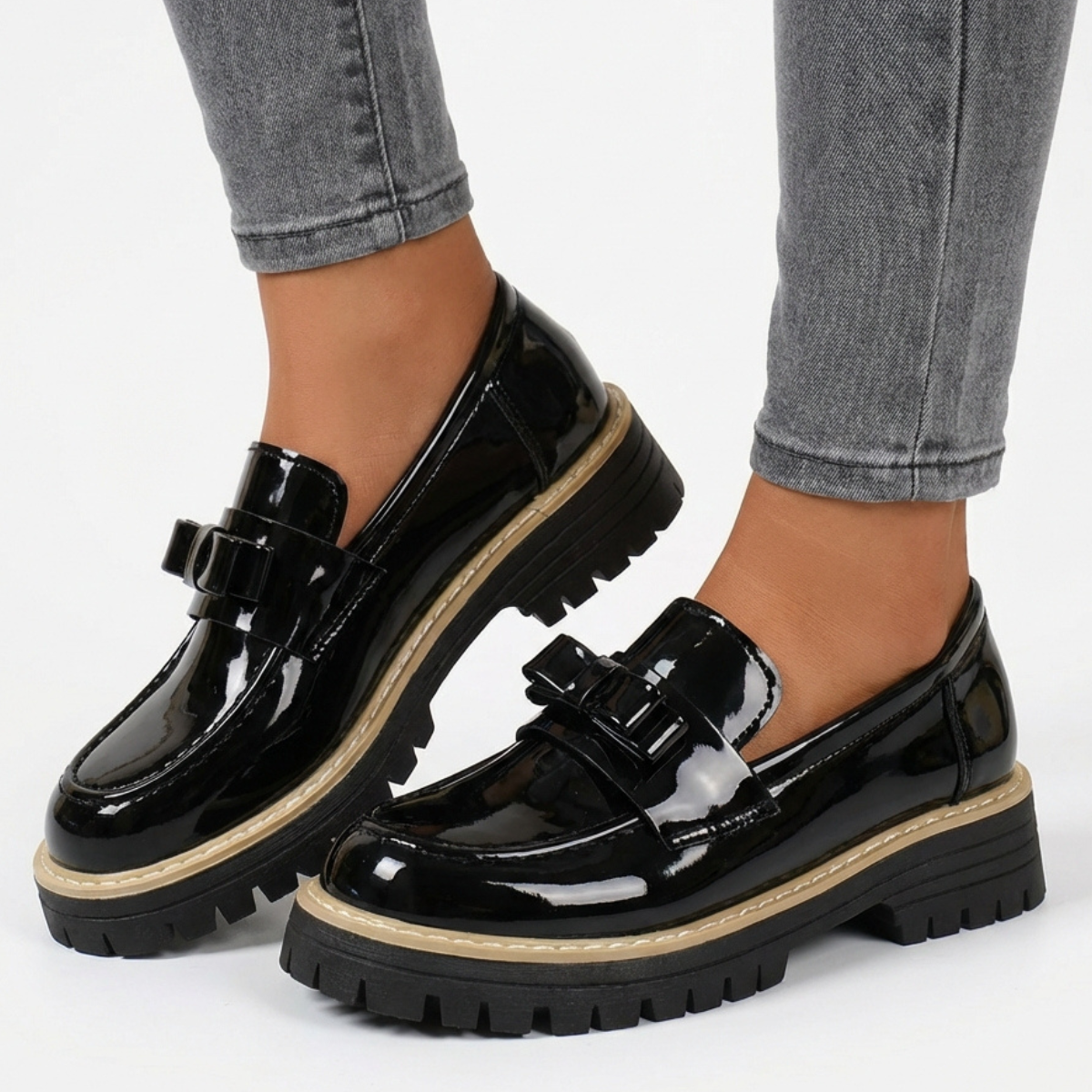 Damen Loafer Plateausohle Schleifendetail Hochglanz Einschlupf 4