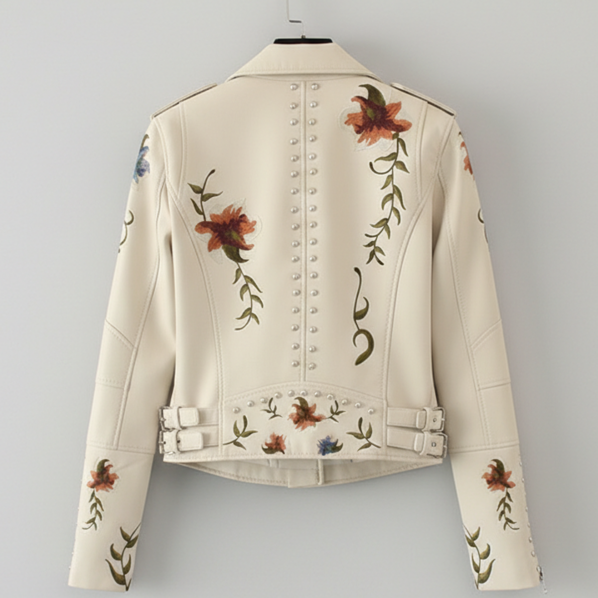 Damen Bikerjacke Moto Style Blumenstickerei Nietendetails 9