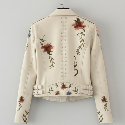 Damen Bikerjacke Moto Style Blumenstickerei Nietendetails 9