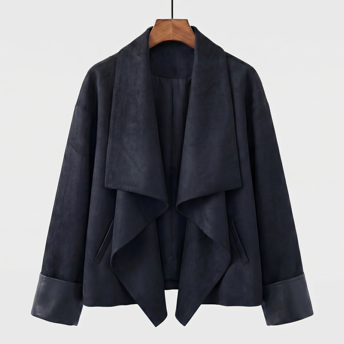 Damen Suede Jacket drapierter Reverskragen locker mit Ärmelaufschlägen 5