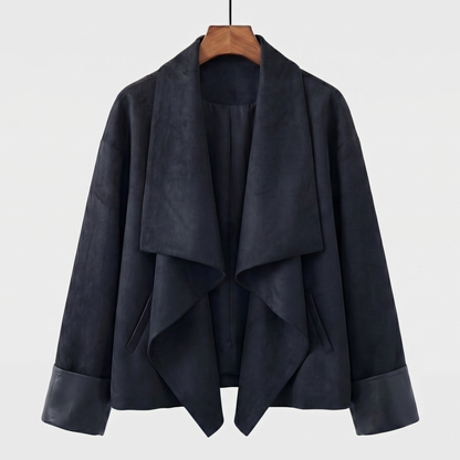 Damen Suede Jacket drapierter Reverskragen locker mit Ärmelaufschlägen 5