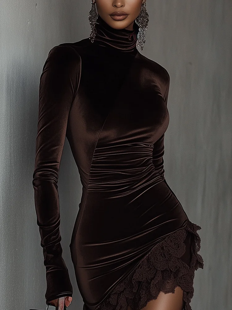 Minikleid Damen | Samtoptik mit Spitzenbesatz 3