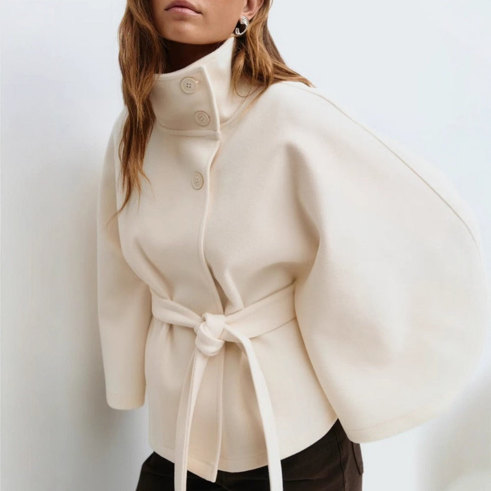 Damen Cape-Mantel Stehkragen Taillengürtel Winter Mantel 4