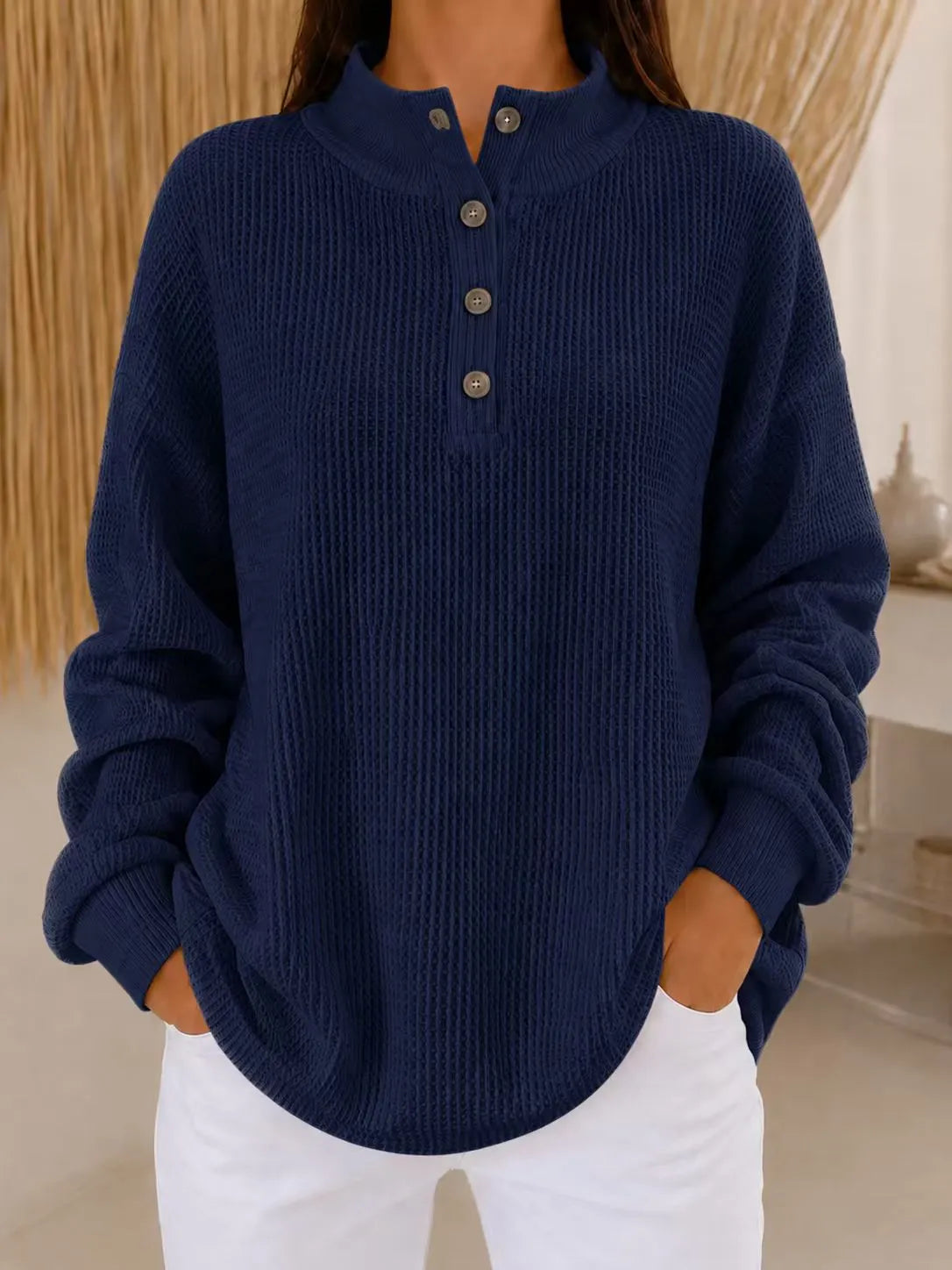 Strickpullover Damen | Henley-Ausschnitt & Waffelstruktur 3