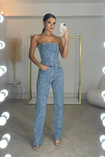 Glitzer Hosenset Damen | High-Waist Jeans Set 5