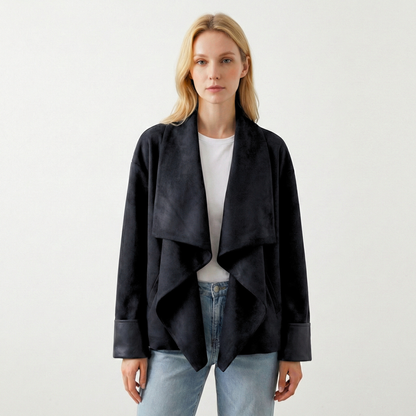 Damen Suede Jacket drapierter Reverskragen locker mit Ärmelaufschlägen 7