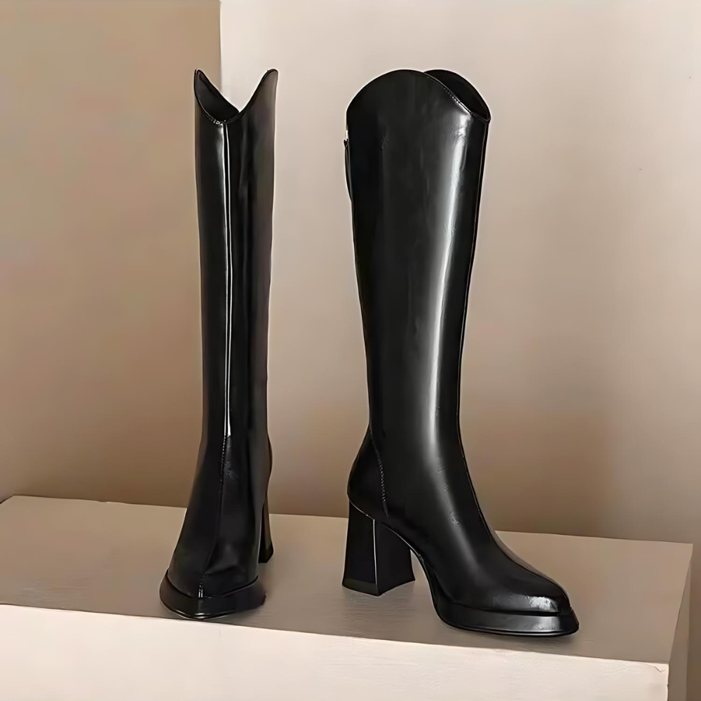 Damen Kniehohe Stiefel Blockabsatz Reißverschluss Schaft 5