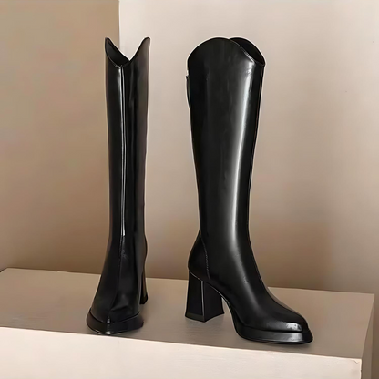 Damen Kniehohe Stiefel Blockabsatz Reißverschluss Schaft 5