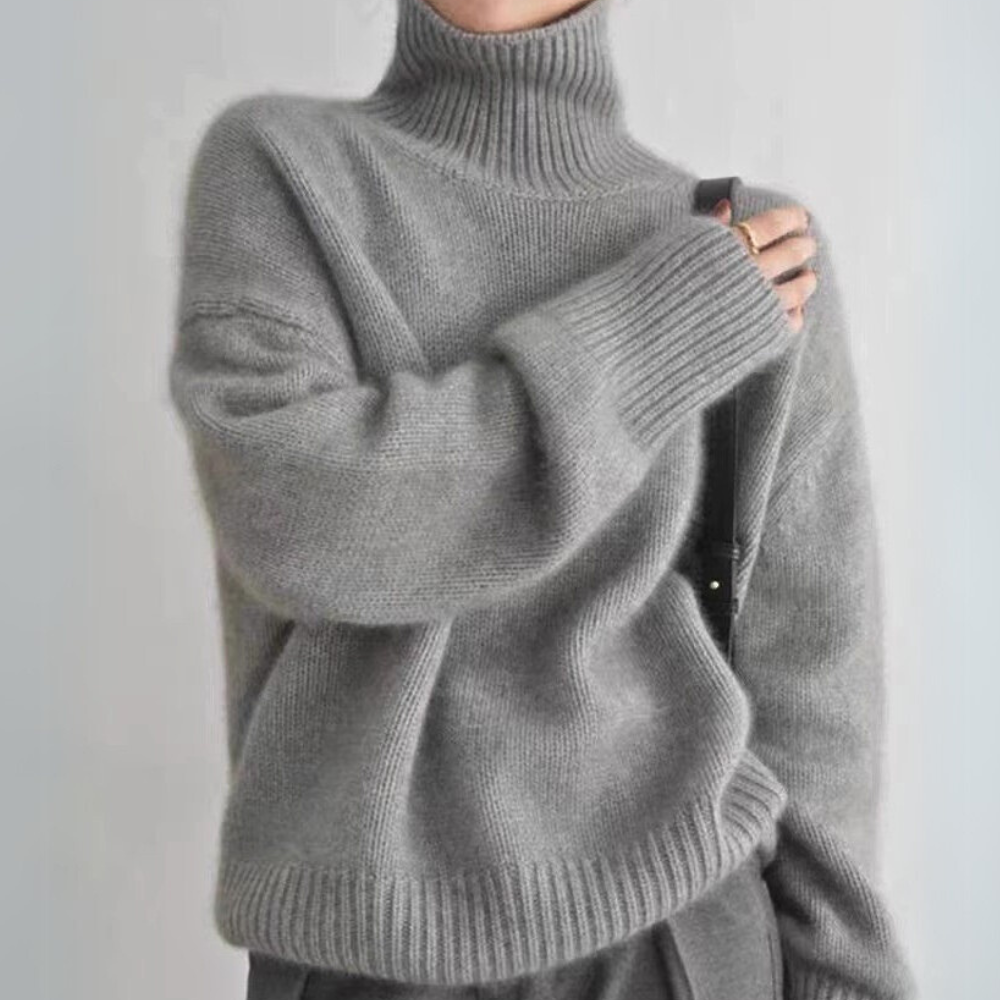 Damen Rollkragenpullover Strickpullover Rippbund Locker 5
