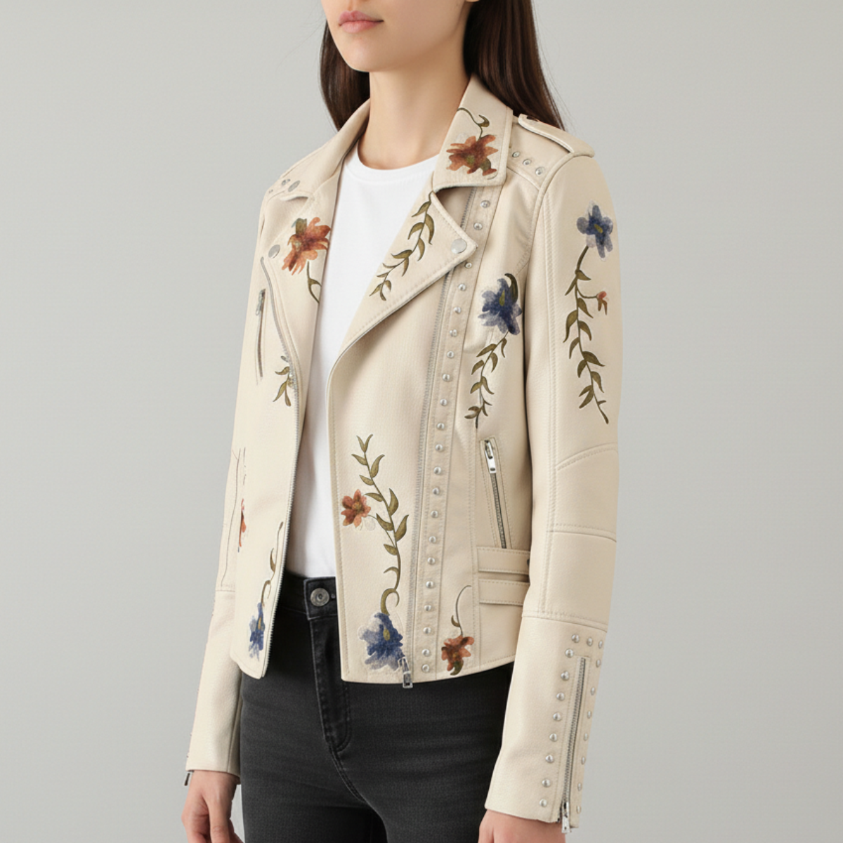 Damen Bikerjacke Moto Style Blumenstickerei Nietendetails 8