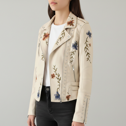 Damen Bikerjacke Moto Style Blumenstickerei Nietendetails 8