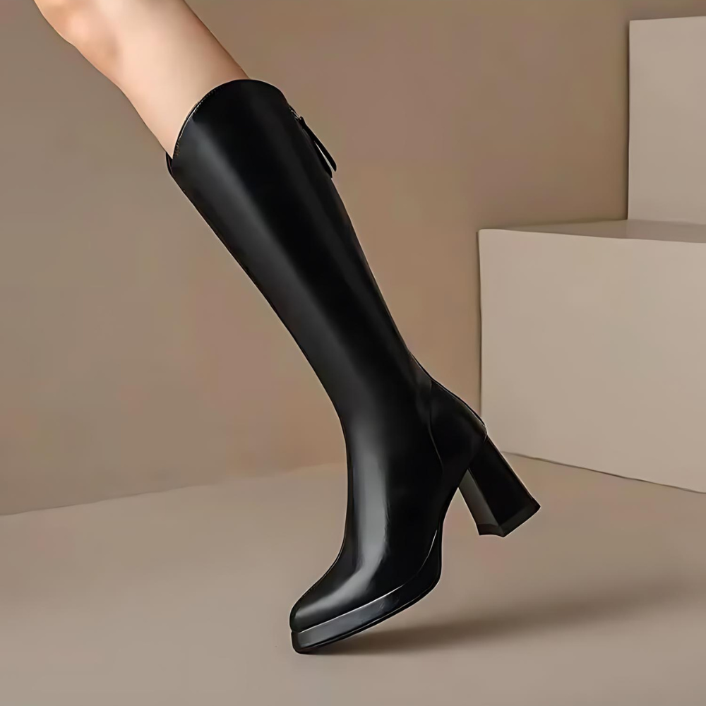 Damen Kniehohe Stiefel Blockabsatz Reißverschluss Schaft 6