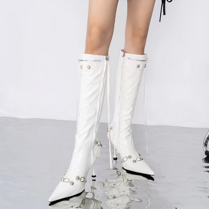 Damen Stiletto Stiefel Nieten Schnallen Spitz Zulaufend 6