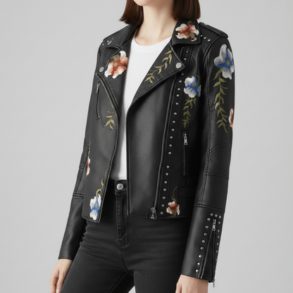 Damen Bikerjacke Moto Style Blumenstickerei Nietendetails 3