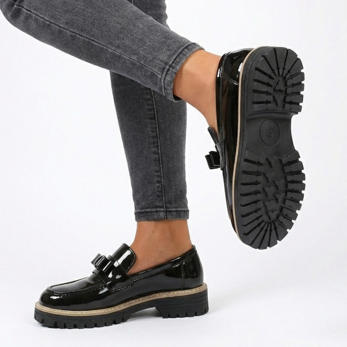 Damen Loafer Plateausohle Schleifendetail Hochglanz Einschlupf 6
