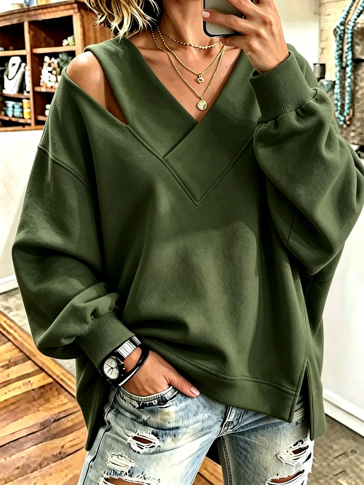 Sweatshirt Damen | V-Ausschnitt mit Cut-out-Details 9
