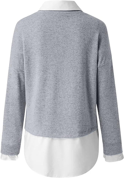 Damen Pullover Hemdkragen Zweilagiger Look Strickpullover Freizeit 6