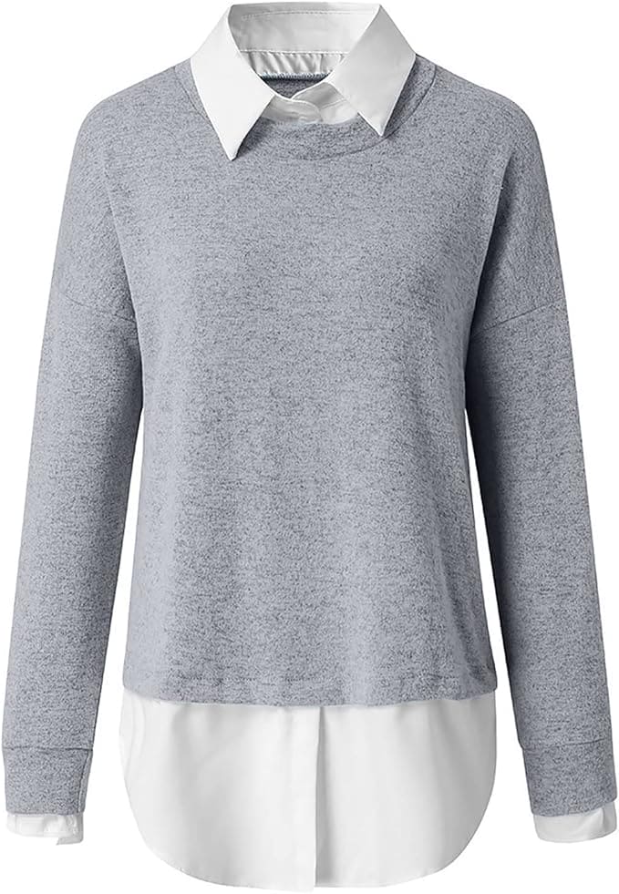 Damen Pullover Hemdkragen Zweilagiger Look Strickpullover Freizeit 5