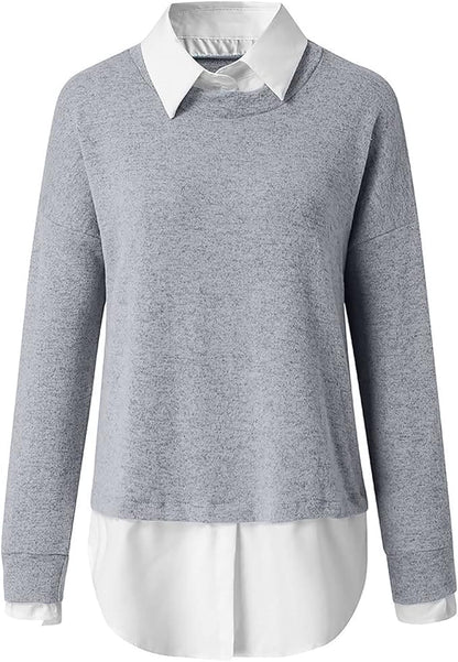 Damen Pullover Hemdkragen Zweilagiger Look Strickpullover Freizeit 5