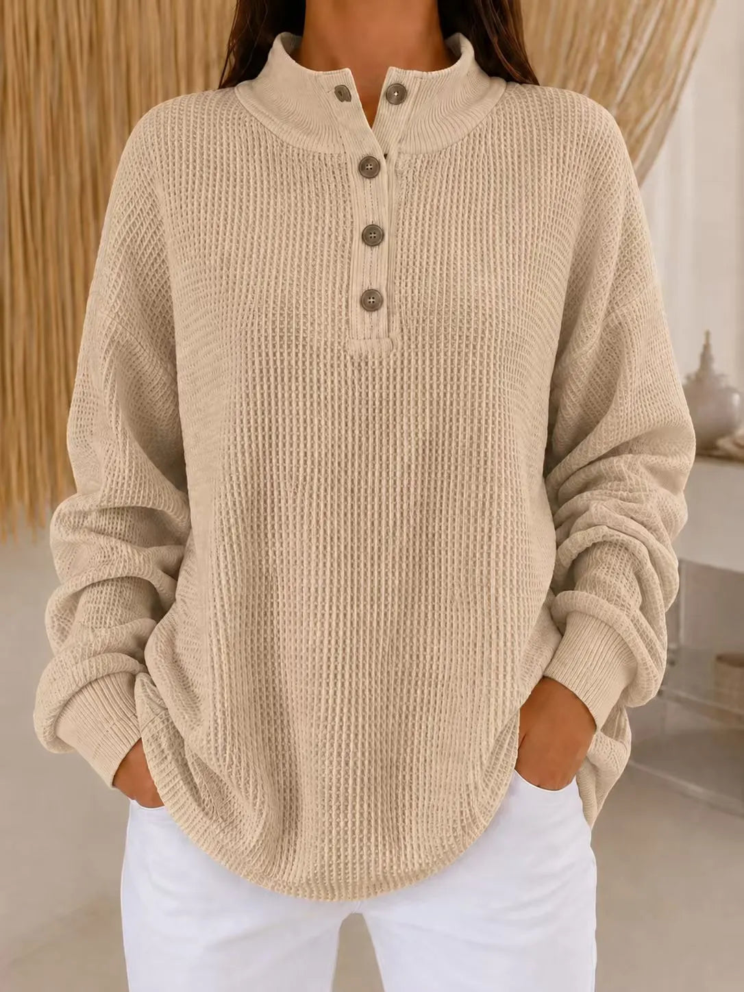 Strickpullover Damen | Henley-Ausschnitt & Waffelstruktur 8