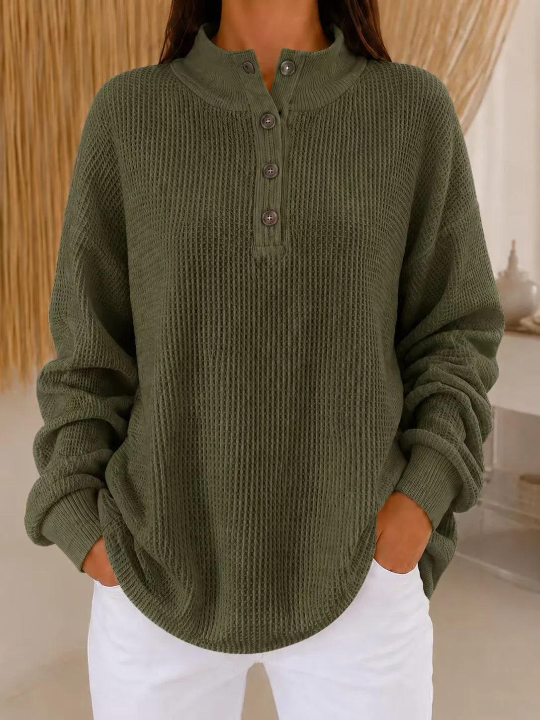 Strickpullover Damen | Henley-Ausschnitt & Waffelstruktur 7