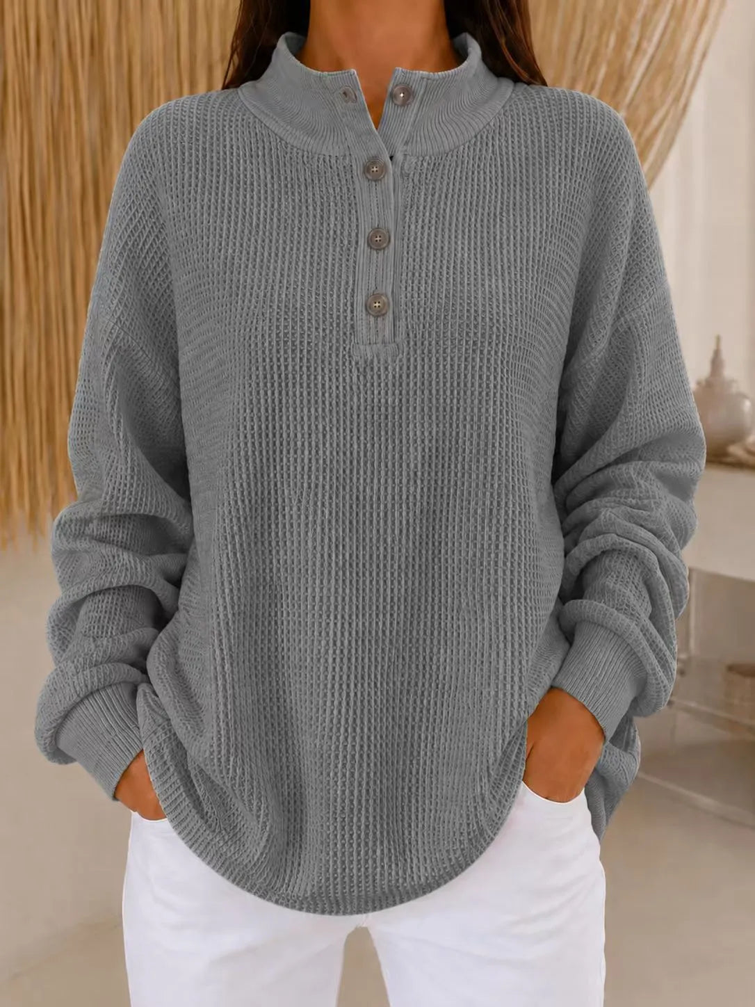 Strickpullover Damen | Henley-Ausschnitt & Waffelstruktur 9