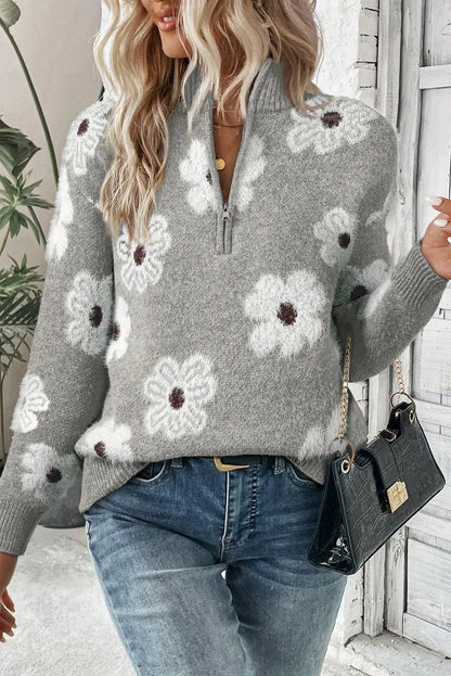 Strickpullover Damen | Blumenmuster & Bequemer Half-Zip 7