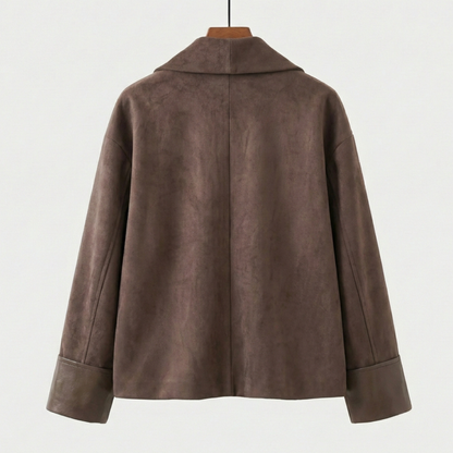 Damen Suede Jacket drapierter Reverskragen locker mit Ärmelaufschlägen 2