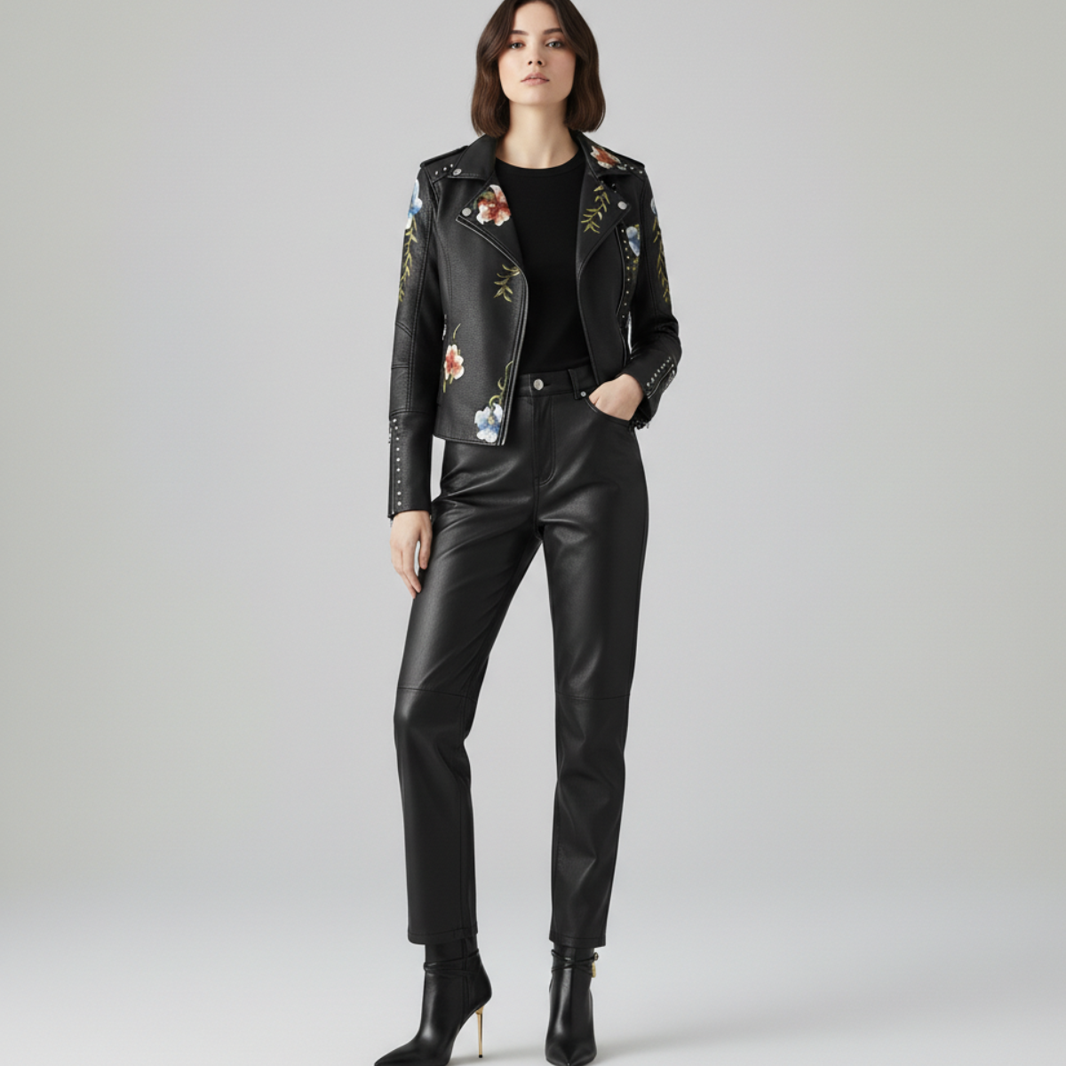 Damen Bikerjacke Moto Style Blumenstickerei Nietendetails 2