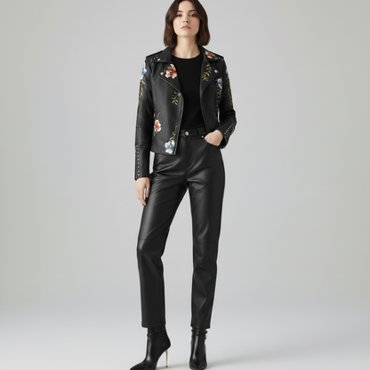 Damen Bikerjacke Moto Style Blumenstickerei Nietendetails 2