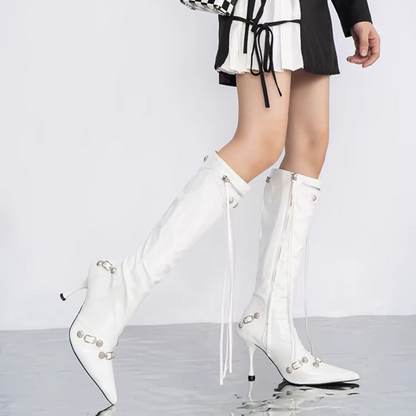 Damen Stiletto Stiefel Nieten Schnallen Spitz Zulaufend 7