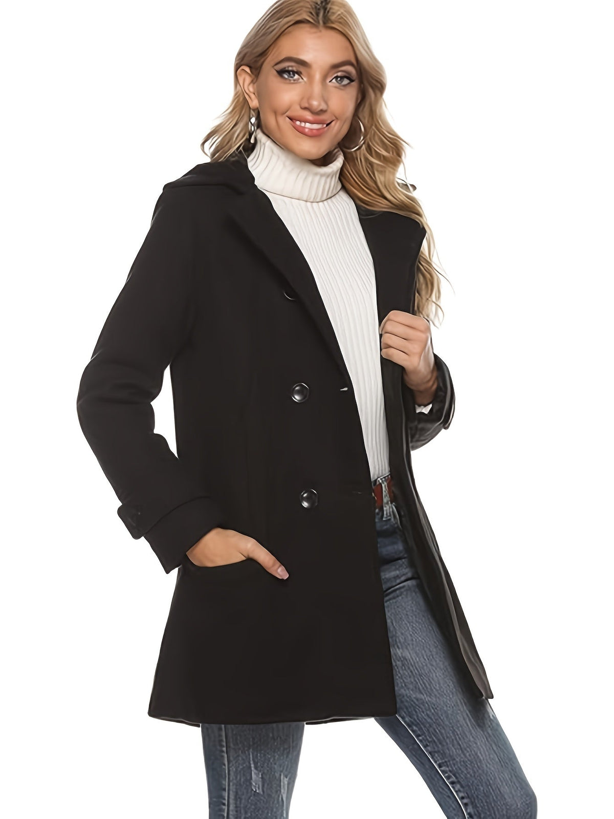 Gerswinda | Damen Zweireihiger Mantel Midi-Länge - Black - Image 6