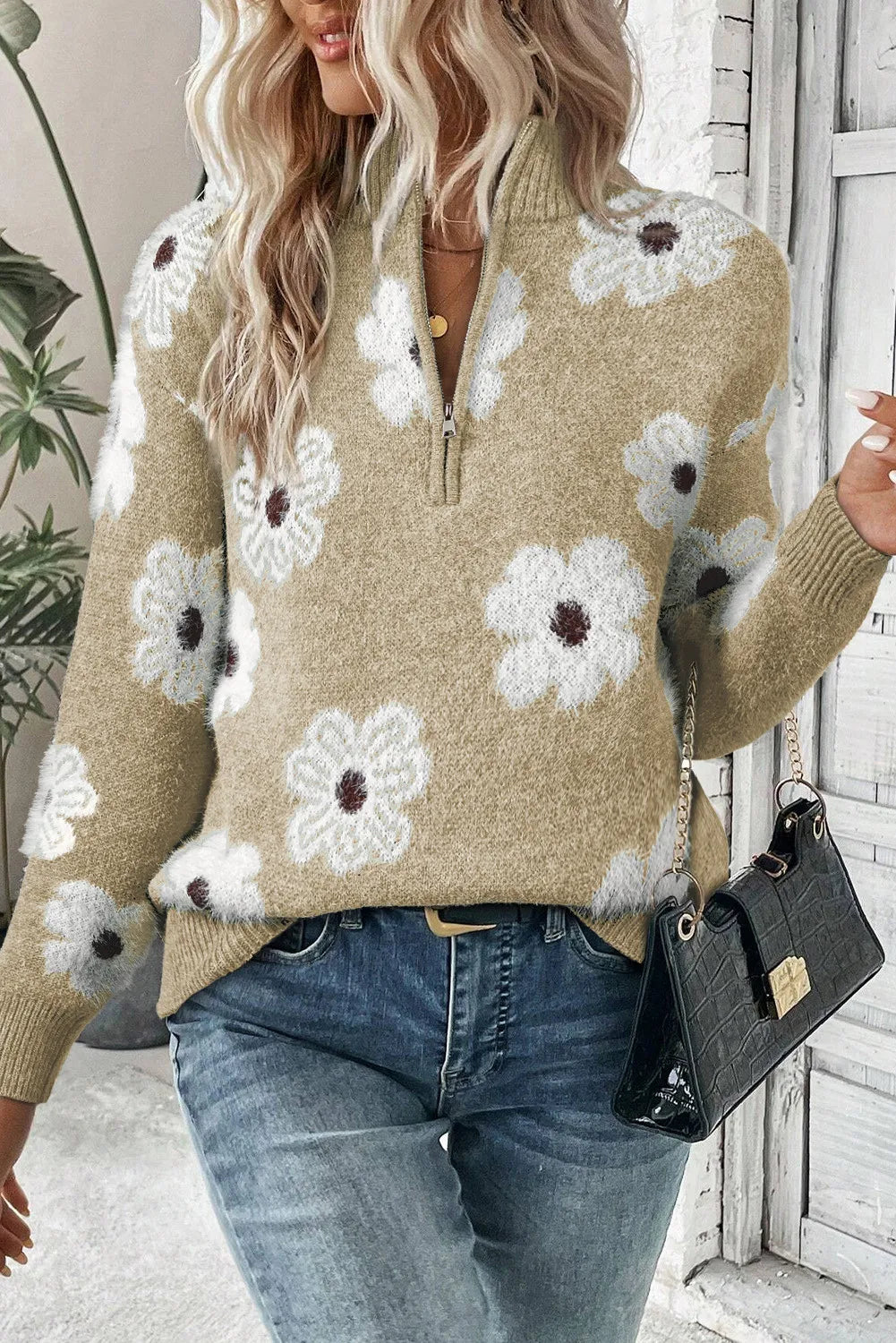 Strickpullover Damen | Blumenmuster & Bequemer Half-Zip 12