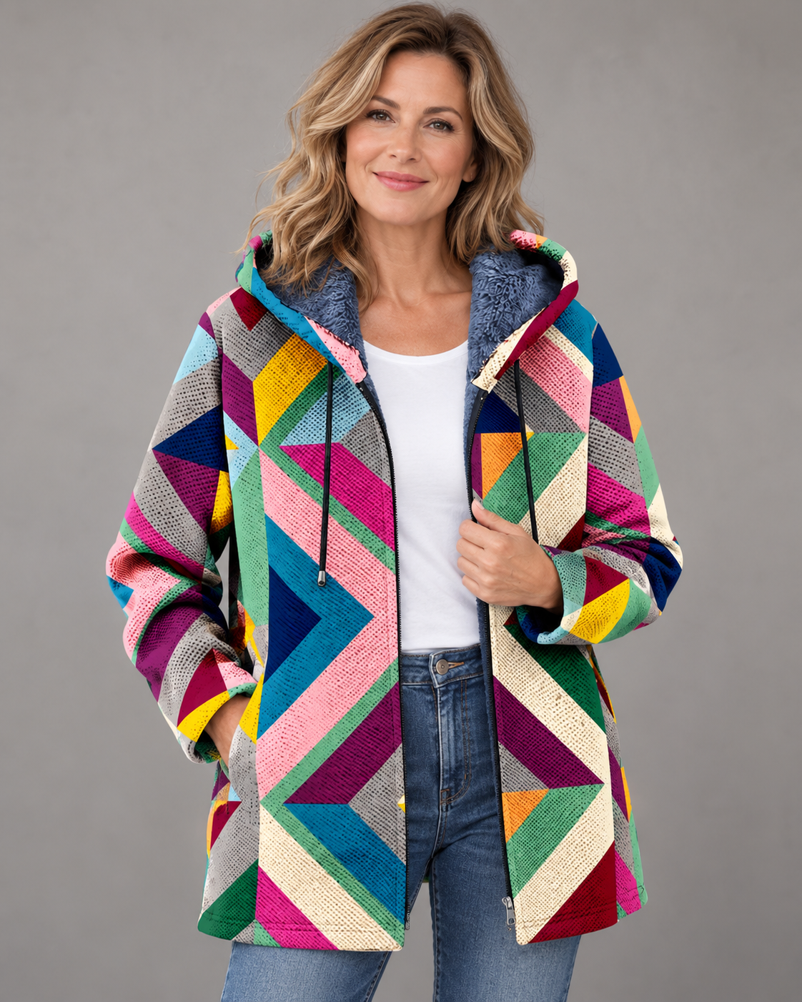 Kapuzenjacke Damen | Plüschfutter & Geometrisches Muster 1