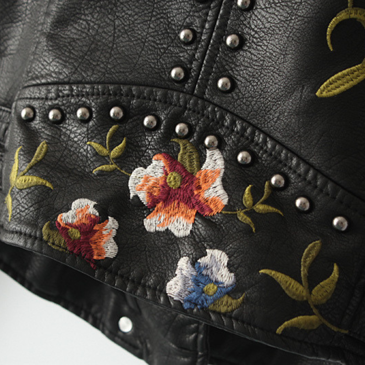 Damen Bikerjacke Moto Style Blumenstickerei Nietendetails 5