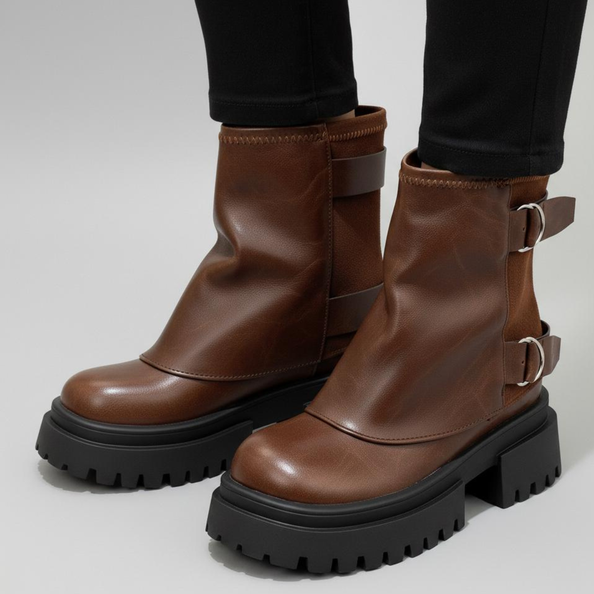 Damen Stiefel Schnallen Profilsohle Boots Used Look 1