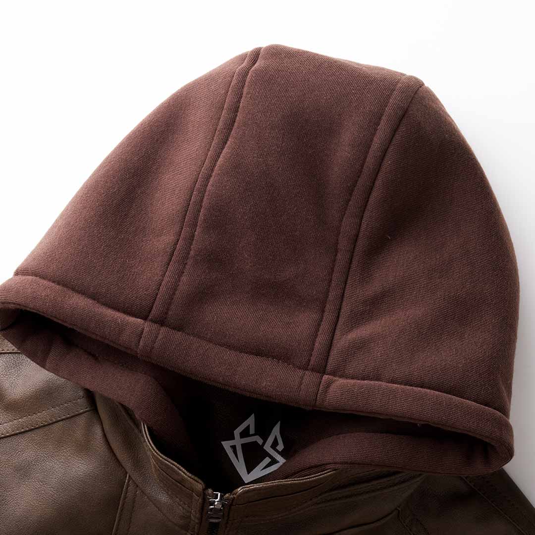 close-up of a removable hoodie on a brown leather jacket