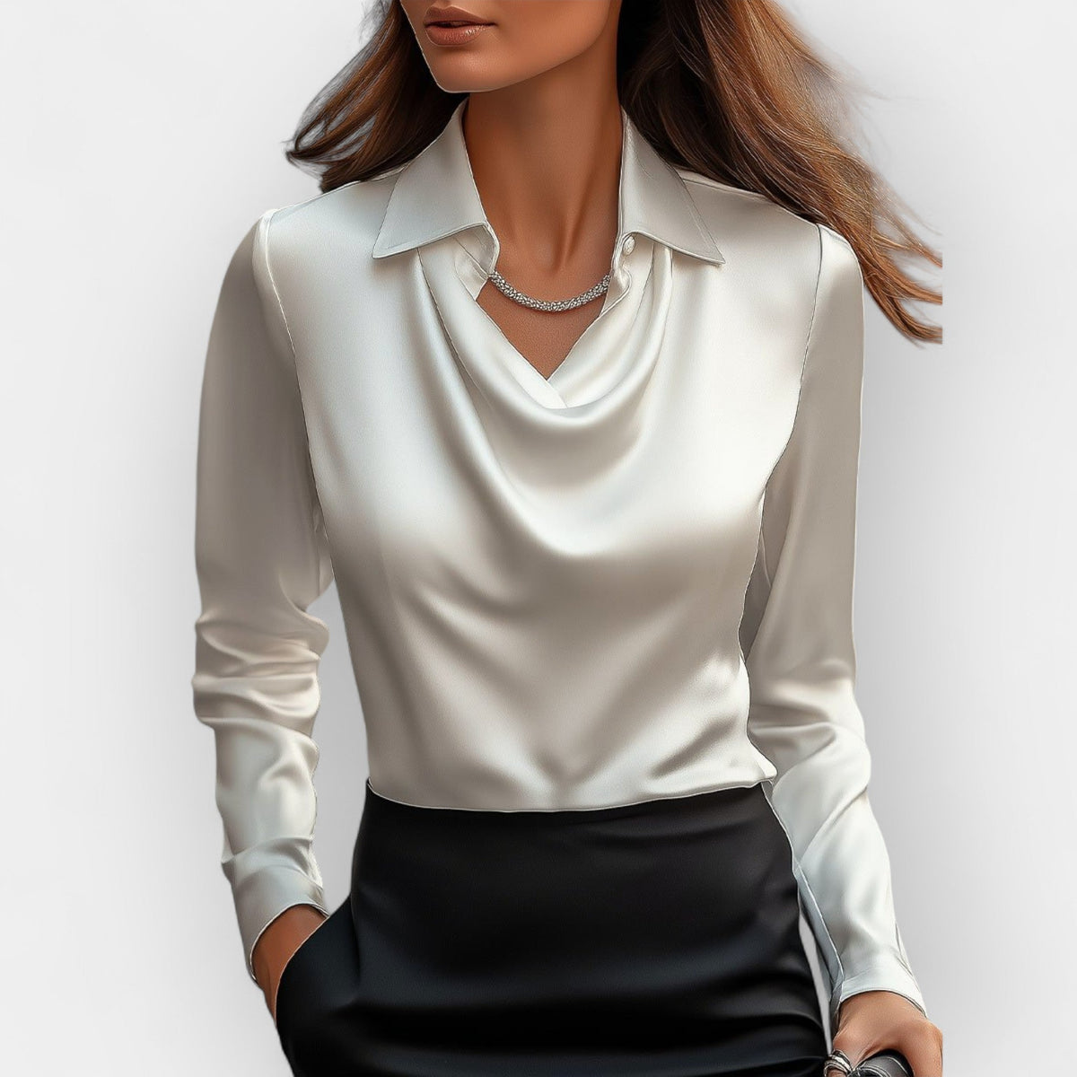 Bluse Damen | Wasserfallkragen & Edler Glanz 2