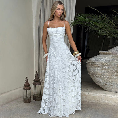 Maxikleid Damen | Bodenlang Abendkleid mit Spitzenbesatz & Gerafftem Oberteil