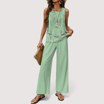 Zweiteiler Damen Sommer | Blumenprint Top & Weite Palazzo Hose