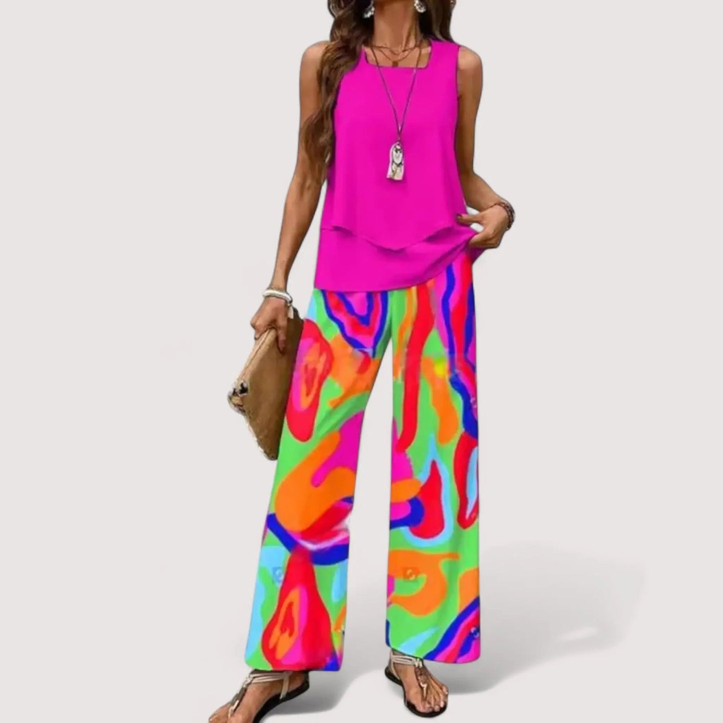 Zweiteiler Damen Sommer | Blumenprint Top & Weite Palazzo Hose