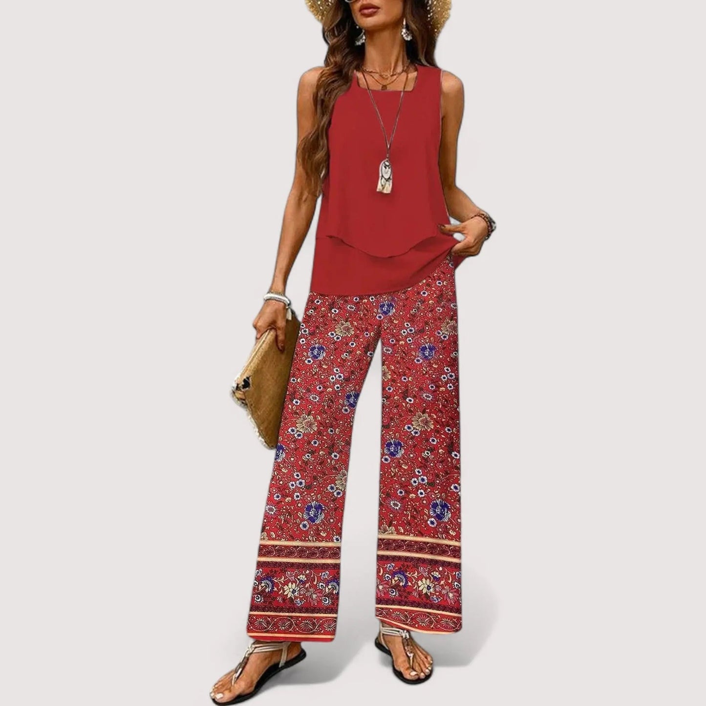 Zweiteiler Damen Sommer | Blumenprint Top & Weite Palazzo Hose