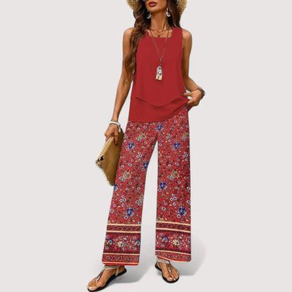 Zweiteiler Damen Sommer | Blumenprint Top & Weite Palazzo Hose