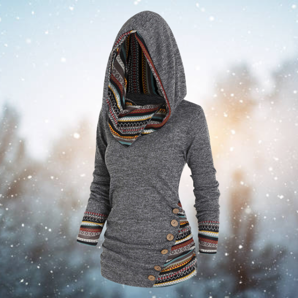 Damen Hoodie Tribal-Muster Kapuze Knopfdetails Langarm 1